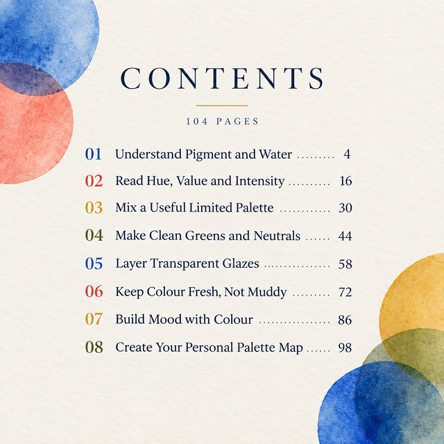 Contents of Colour That Behaves, a BREVANORA digital watercolour guide.