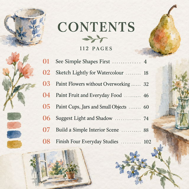 Contents of Everyday Subjects in Watercolour, a BREVANORA digital watercolour guide.